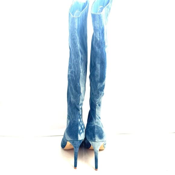 Fashion Nova Rhinestone Denim Knee High Boots Size 10 - Picture 6 of 9